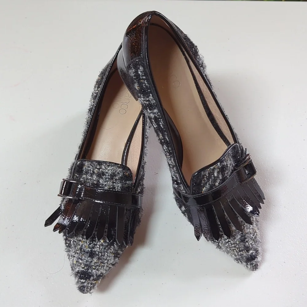 Franco Sarto, Grenoble, black and white Tweed heeled loafer. Size 10